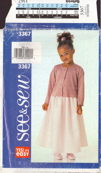 See&Sew 3367 Sewing Pattern, Girl's Cardigan, Top and Skirt, Size 7-8-10, Uncut, Factory Folded