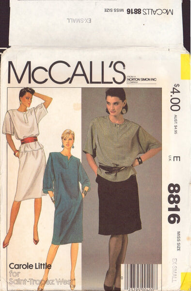 McCall's 8816 Sewing Pattern, Dress or Tunic and Skirt, Size 6-8, Uncut, Factory Folded