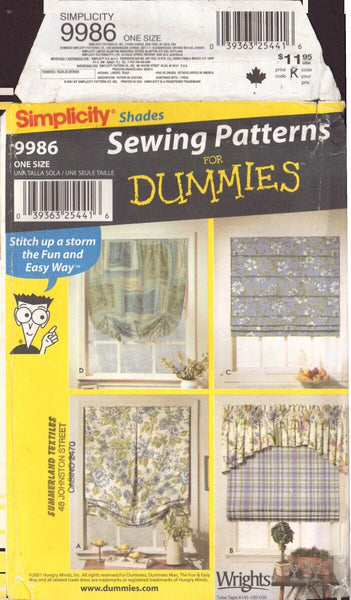 Simplicity 9986 Sewing Pattern for Dummies, Window Shades, One Size, Uncut, Factory Folded