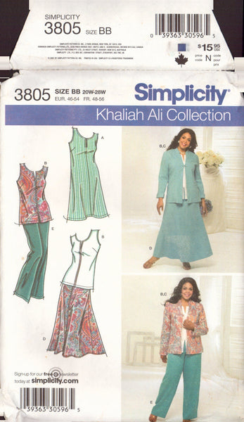 Simplicity 3805 Sewing Pattern, Skirt, Pants, Top or Dress and Jacket, Size 20-28, Uncut, Factory Folded