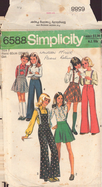 Simplicity 6588 Sewing Pattern, Girls' Pants and Skirt, Size 8, Cut, Complete