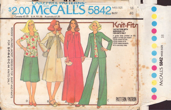 McCall's 5842 Sewing Pattern, Jacket, Dress or Top, Skirt and Pants, Size 18, Uncut, Factory Folded