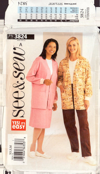 See & Sew 3824 Sewing Pattern, Jacket, Skirt and Pants, Size XS, S, M, Uncut, Factory Folded