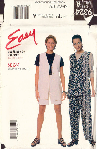 McCall's 9324 Sewing Pattern, Vest, Pants and Shorts, Size 8-10-12-14, Uncut, Factory Folded