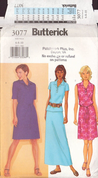 Butterick 3077 Sewing Pattern, Dress, Top and Skirt, Size 6-8-10, Uncut, Factory Folded