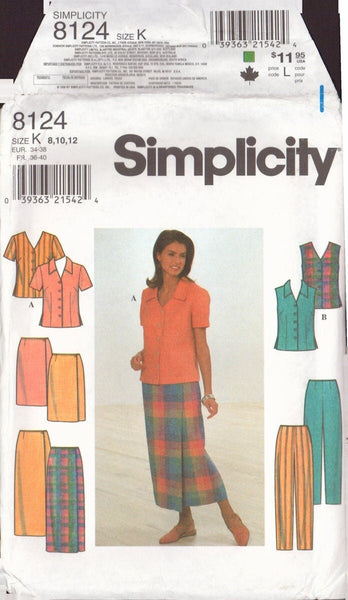 Simplicity 8124 Sewing Pattern, Blouse, Skirt and Pants, Size 8-10-12, Uncut, Factory Folded