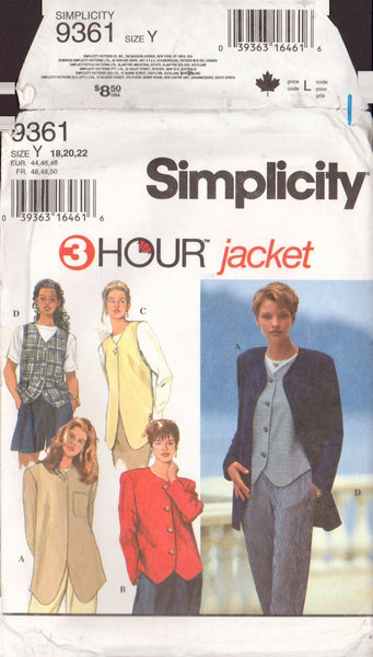 Simplicity 9361 Sewing Pattern, Jackets and Vests, Size 18-20-22, Uncut, Factory Folded