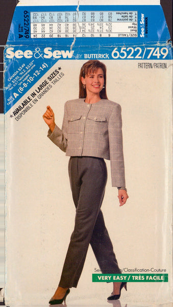 Butterick 6522 Sewing Pattern, Jacket and Pants,  Size 6-14, Uncut, Factory Folded