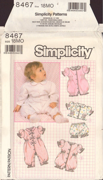 Simplicity 8467 Sewing Pattern, Babies' Romper, Top and Panties, Size 18 MO, Uncut, Factory Folded