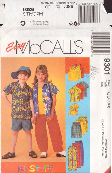 McCall's 9301 Sewing Pattern,  Children's Shirt, Top, Pants or Shorts and Hat, Size 2-3-4, Uncut, Factory Folded