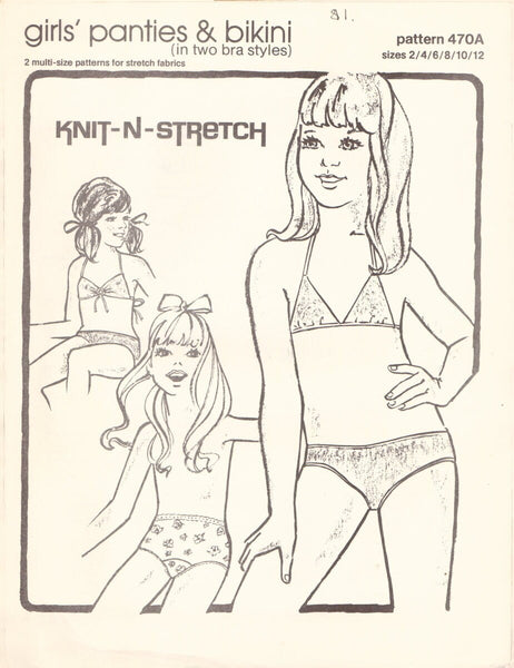 Knit-n-Stretch 470A Sewing Pattern, Girls' Panties & Bikini, Size 2-4-6-8-10-12, Uncut, Factory Folded