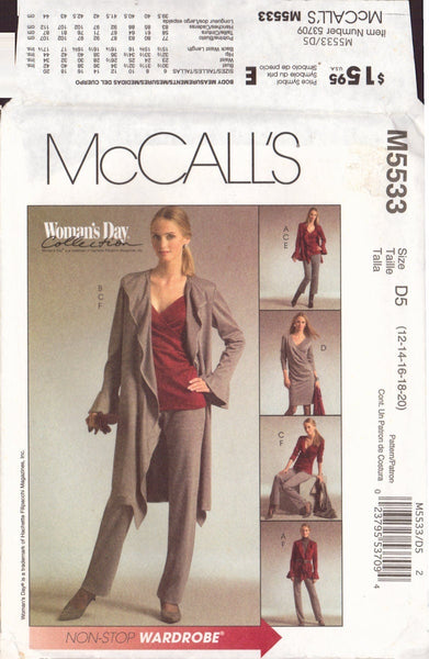 McCall's 5533 Sewing Pattern, Women's Jacket, Top, Dress And Pants, Size 12-20, Uncut, Factory Folded