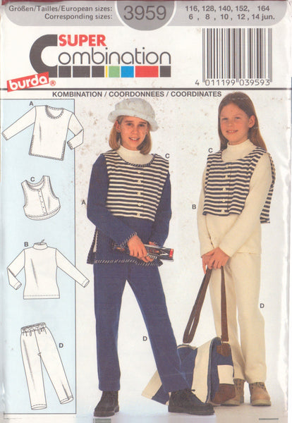 Burda 3959 Sewing Pattern, Girls' Vest, Pants and Top, Size 6-8-10-12-14 jun., Uncut Factory Folded