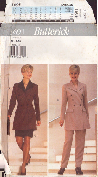 Butterick 3691 Sewing Pattern, Women's Jacket, Skirt, Pants, Size 12-14-16, Uncut, Factory Folded