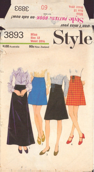 Style 3893 Sewing Pattern, Skirts, Size 12, Neatly Partially Cut, Complete