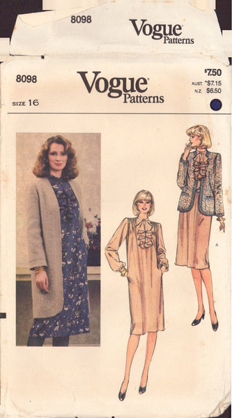 Vogue 8098 Sewing Pattern, Jacket and Dress, Size 16, Neatly Cut, Complete