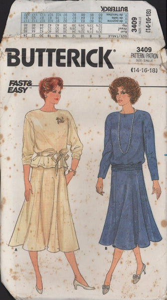 Butterick 3409 Sewing Pattern, Top, Skirt and Belt, Size 14-16-18, Uncut, Factory Folded