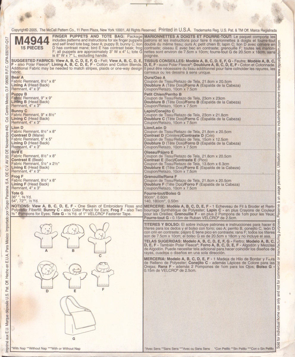 McCall's 4944 Sewing Pattern, Finger Puppets and Tote Bag, One Size, P ...