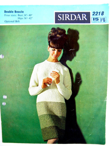 Vintage Mid-Century 1960's Sirdar Double Bouclé Dress with Optional Belt No. 2218 Knitting Pattern Leaflet