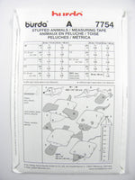 Burda 7754 Children's Stuffed Animals, Cushions & Wall Mounted Measuring Tape/Growth Chart Uncut, Factory Folded, Sewing Pattern