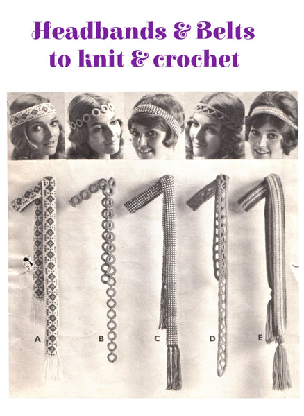 Vintage 1960's Woodstock Style Boho Headbands and Belts to Crochet and Knit, 5 patterns, Instant Download, PDF, 2 pages