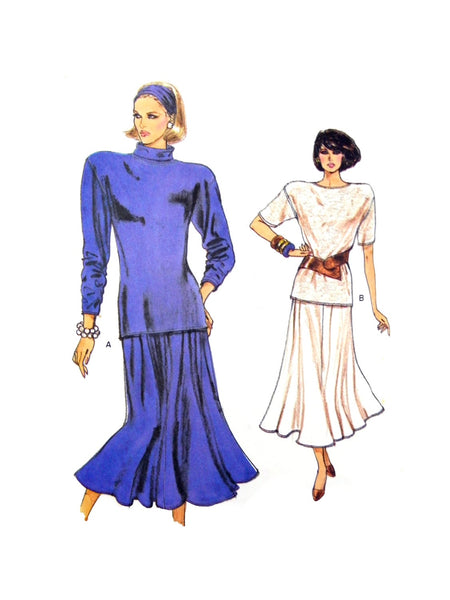 1986 Vogue 9706 Misses' Semi-Fitted Top with Sleeve and Neckline Variations and Flared Skirt, Uncut, Factory Folded Sewing Pattern Size 8-12