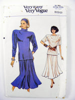1986 Vogue 9706 Misses' Semi-Fitted Top with Sleeve and Neckline Variations and Flared Skirt, Uncut, Factory Folded Sewing Pattern Size 8-12