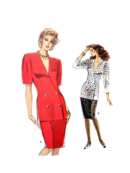 1989 Vogue 7493 Misses' Double Breasted Jacket Top Fitted Through Hip and Straight Skirt, Uncut, Factory Folded Sewing Pattern Size 8-10-12