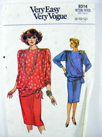 Vogue 9314 Loose Fitting Blouson Top with Tie Belt and Straight Skirt, Uncut, Factory Folded Sewing Pattern Size 8-10-12