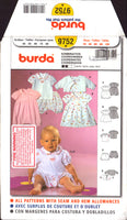 Burda 9752 Baby Jumpsuit, Dress, Long or Short Sleeve Top and Pantaloons, Uncut, Factory Folded Sewing Pattern Multi Size 1M-12M