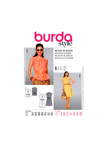 Burda 7063 Sleeveless Top and Cap Sleeved Dress, Sewing Pattern Multi Plus Size 8-20